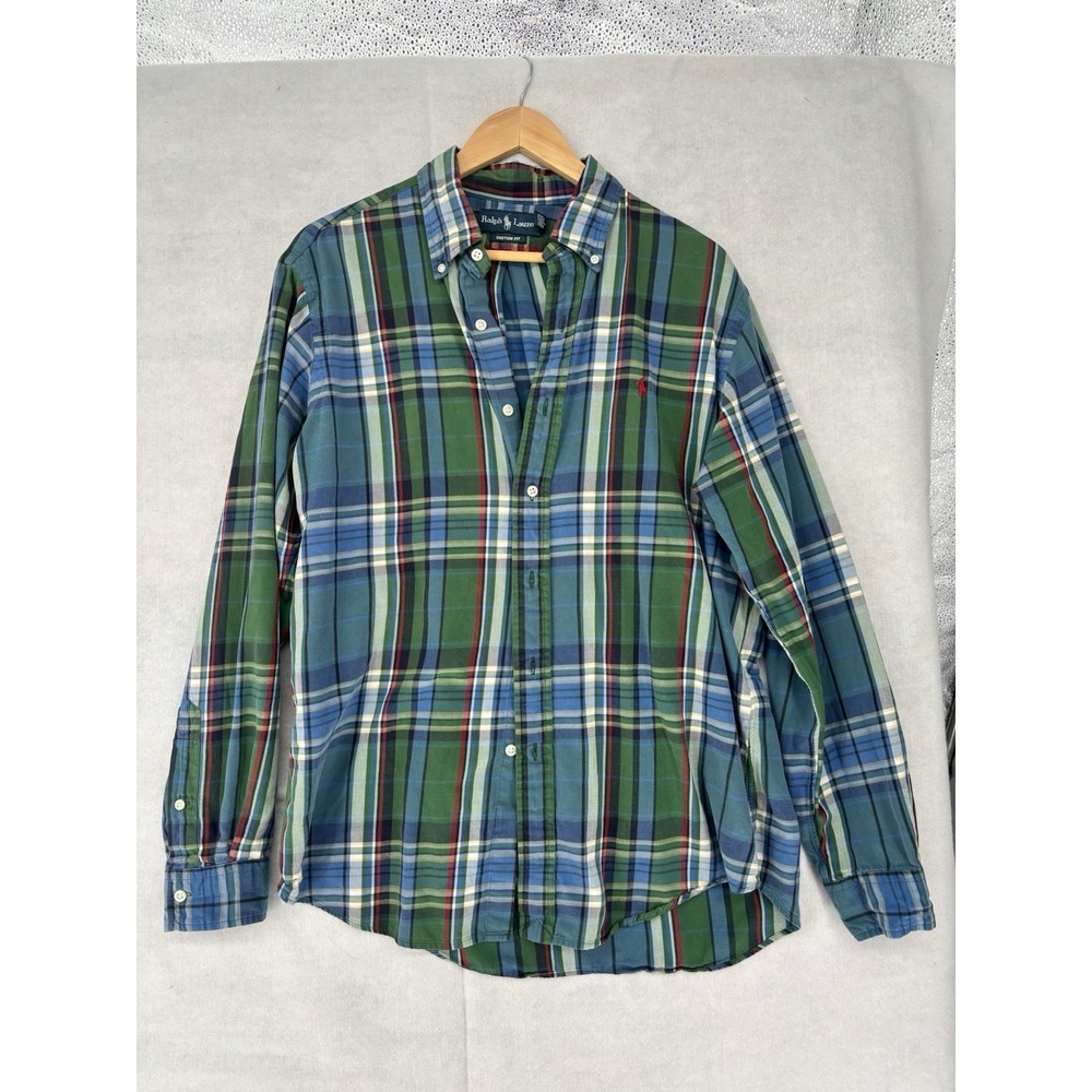 Ralph Lauren Polo Button Up Shirt Mens L Green Blue Plaid Long Sleeve Pony Logo